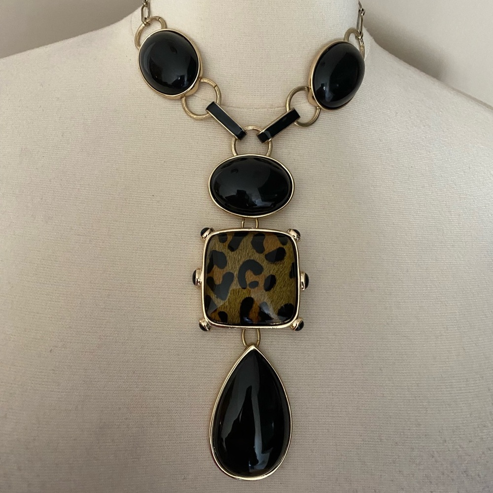 Chicos Animal Print Black and Gold Tone Chunky Statement Necklace 17”